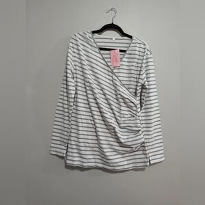 Striped Long-Sleeve V-Neck Maternity/Nursing Top - White & Light Gray